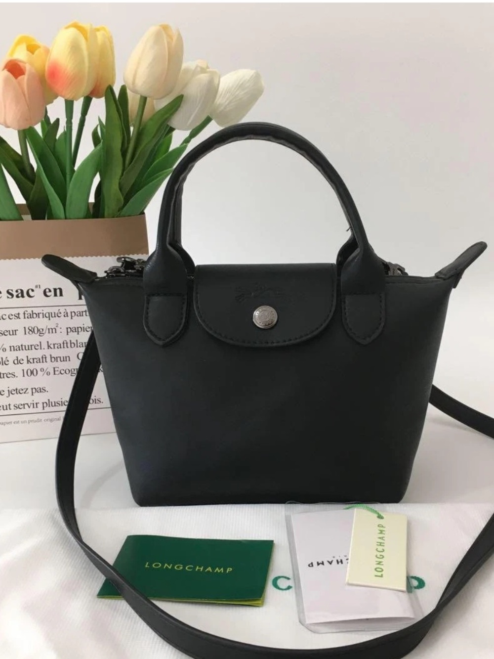 NWOT Longchamp Le Pliage  Mini Top-Handle Crossbody Black/Silver Hardware - Picture 5 of 15
